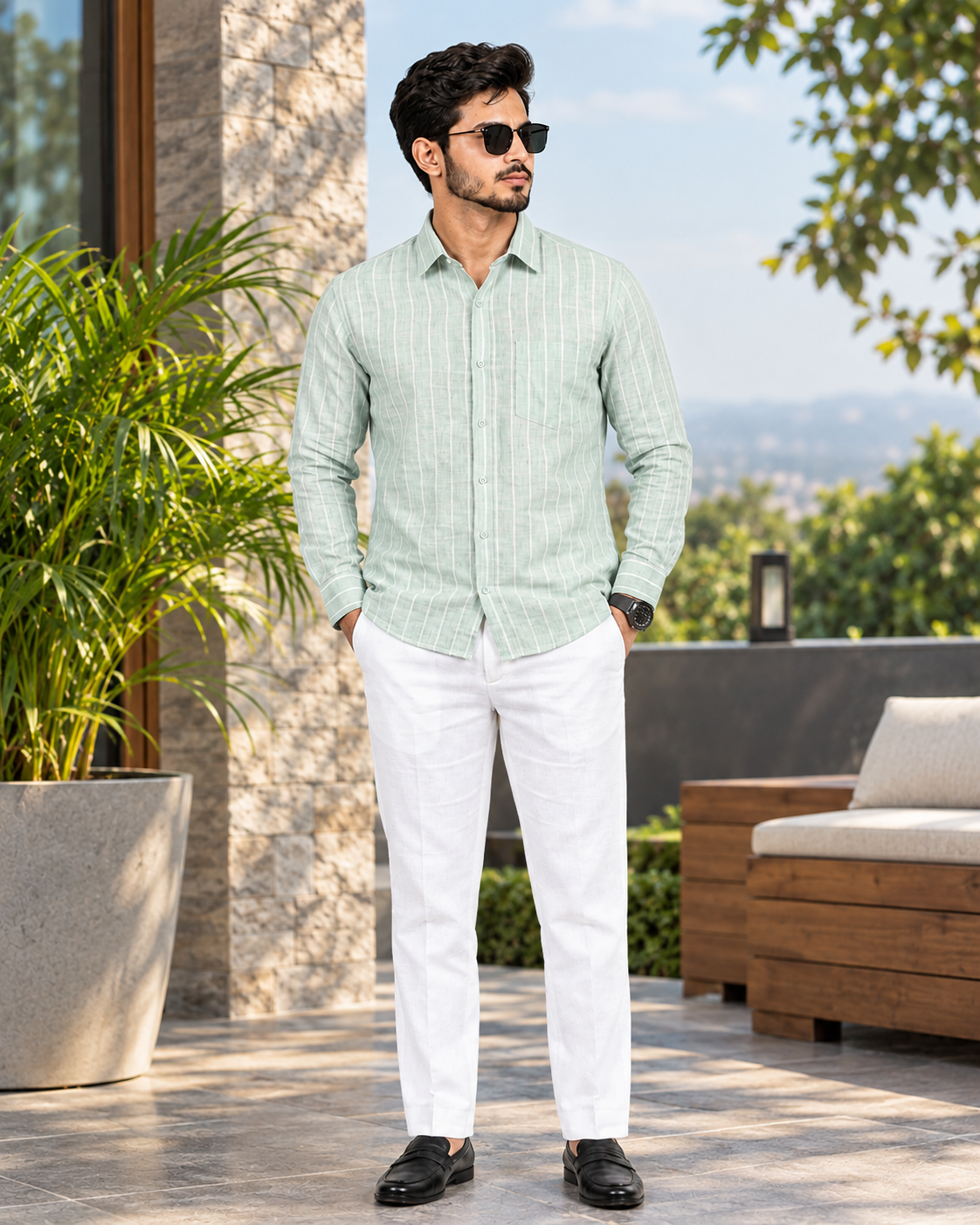 Mint Green Vertical Striped Casual Shirt