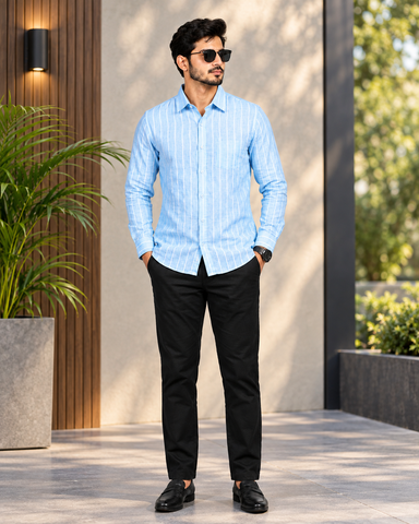 Sky Blue Vertical Striped Casual Shirt