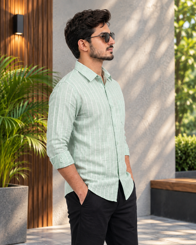 Mint Green Vertical Striped Casual Shirt